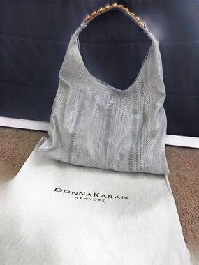 Donna Karan Sky Gray Snake Print Leather Hobo with Chain-Embellished Handle